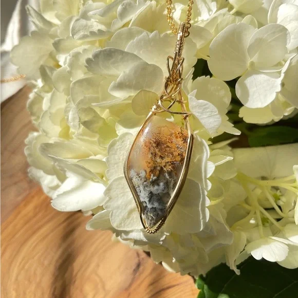 14k gold filled Plume Agate Healing Stone Necklace Pendant - Picture 4 of 10